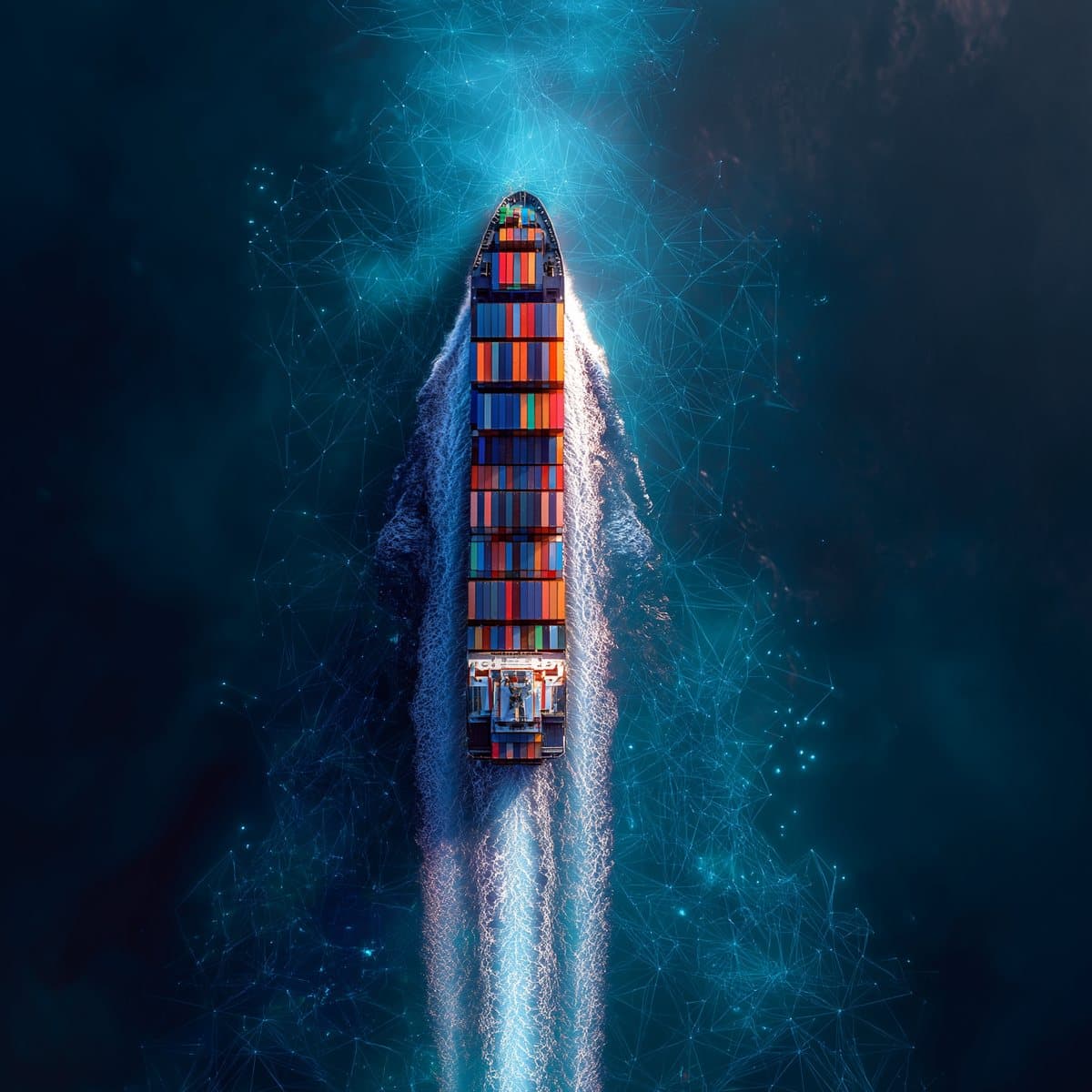 A container ship seen from directly above, overlaid with a glowing network mesh